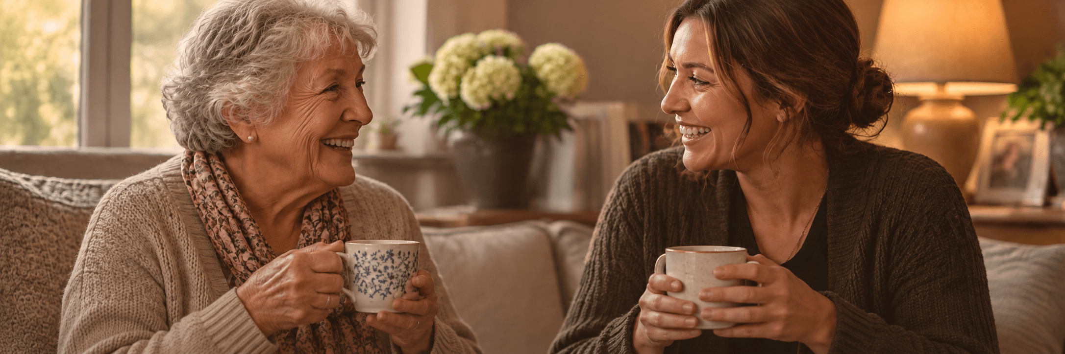 An older adult and companion enjoying tea and conversation together